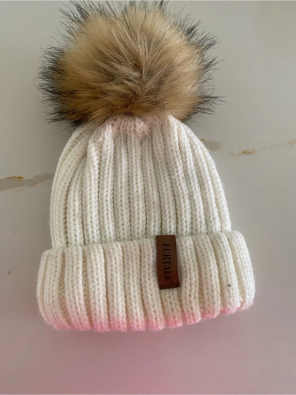 Chunky Cream Knit Beanie with Faux Fur Pom